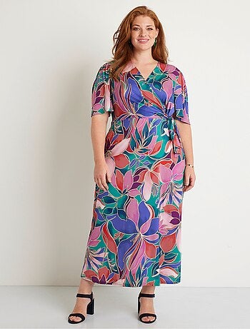 Robe longue cache-coeur fleurie manches courtes