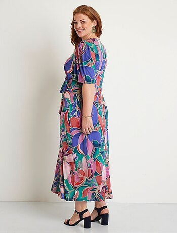 Robe longue cache-coeur fleurie manches courtes