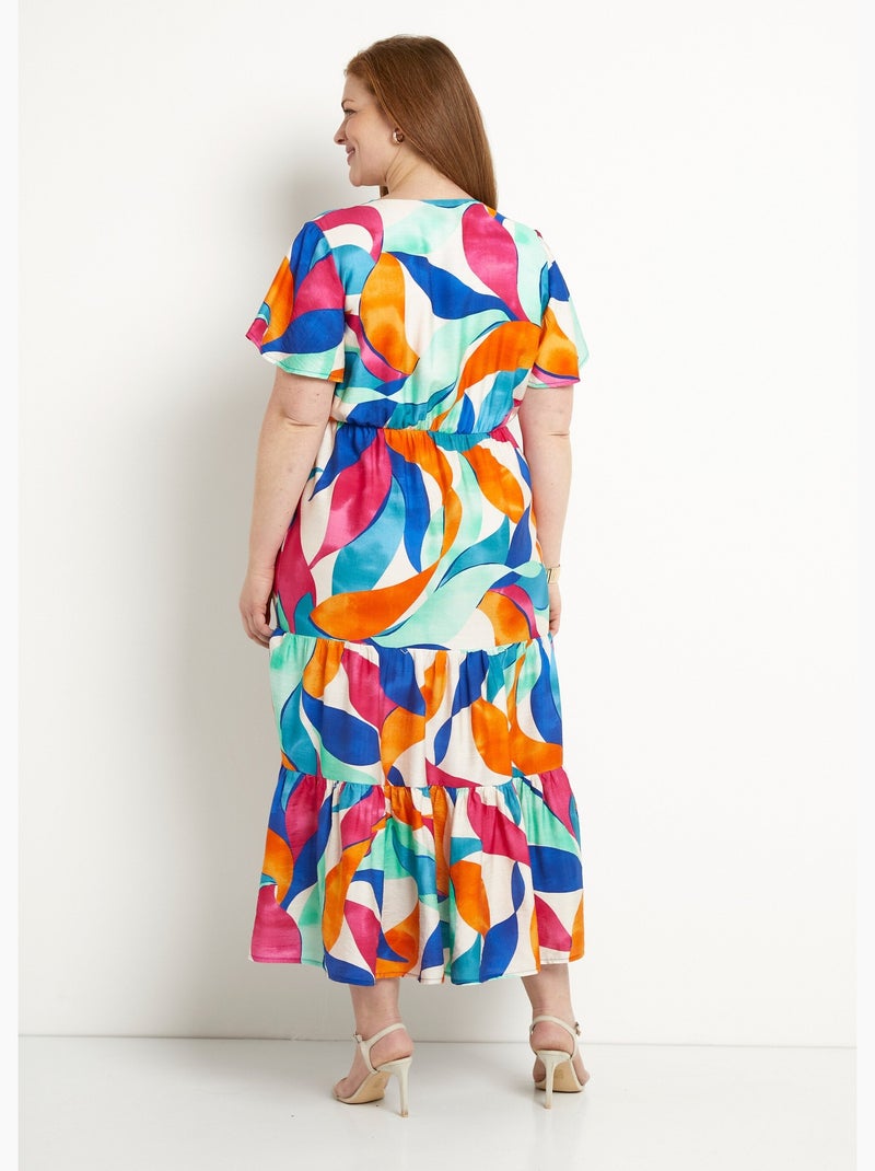 Robe longue cache-coeur volantée manches courtes - Afibel Bleu Orange - Kiabi