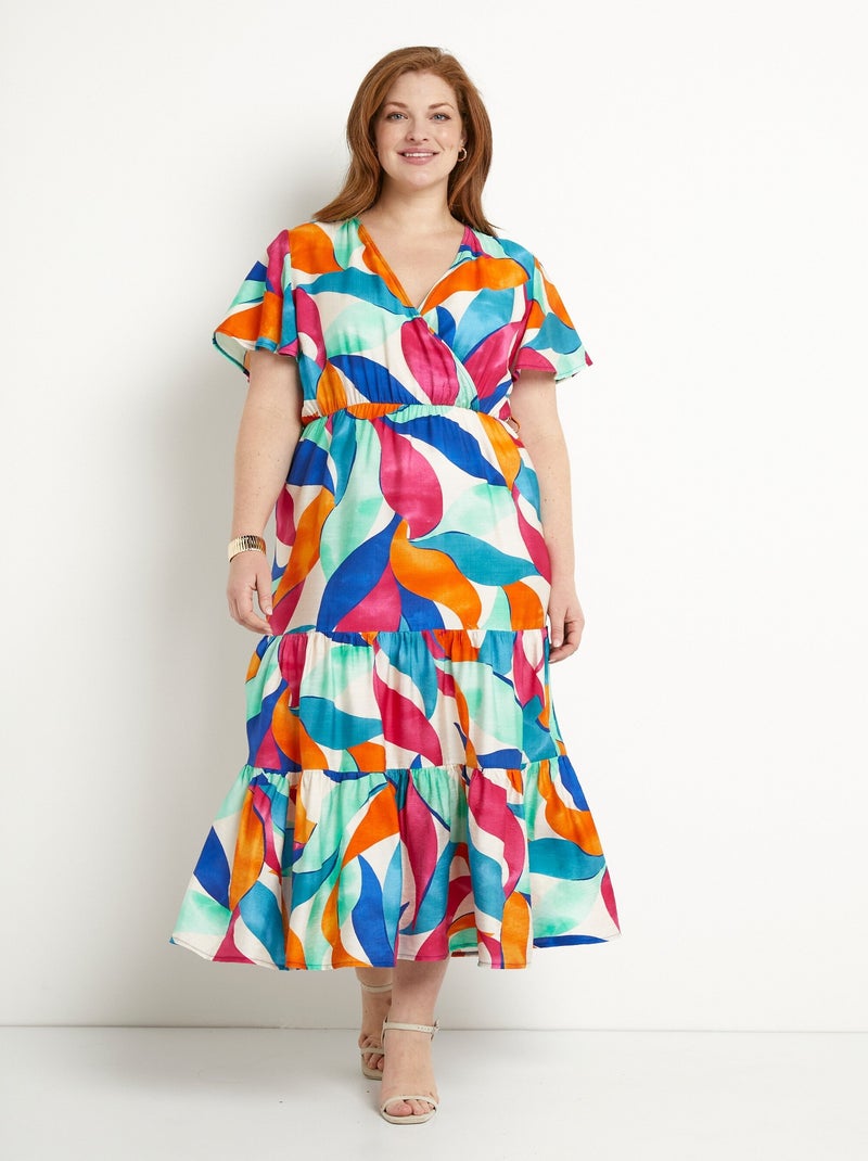 Robe longue cache-coeur volantée manches courtes Bleu Orange - Kiabi