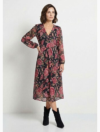 Robe longue cache-coeur volantée voile fleuri - Afibel