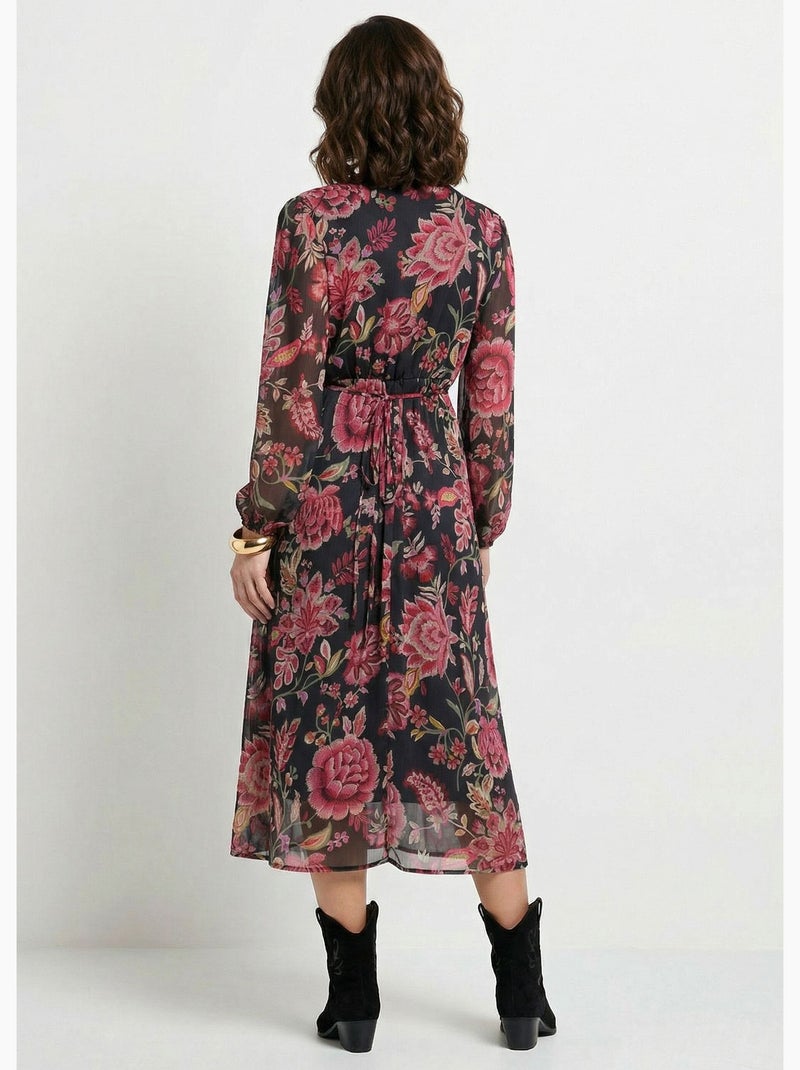 Robe longue cache-coeur volantée voile fleuri - Afibel Noir - Kiabi