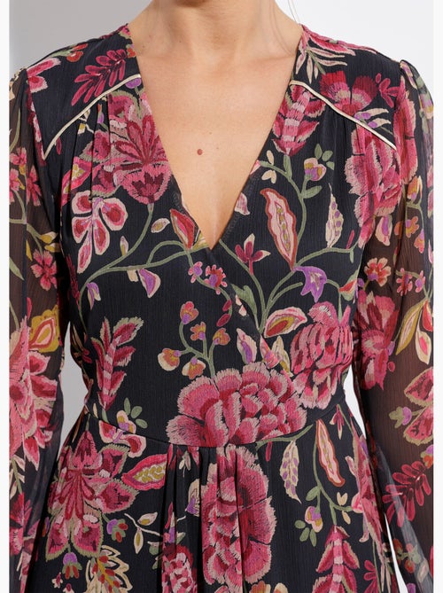 Robe longue cache-coeur volantée voile fleuri - Afibel - Kiabi