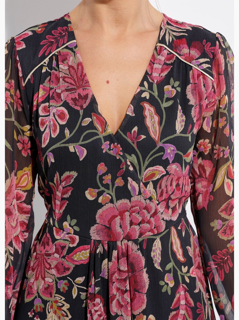 Robe longue cache-coeur volantée voile fleuri - Afibel Noir - Kiabi