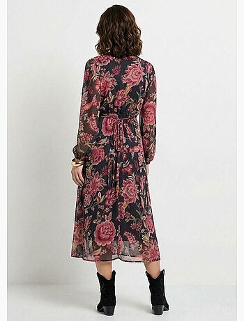 Robe longue cache-coeur volantée voile fleuri