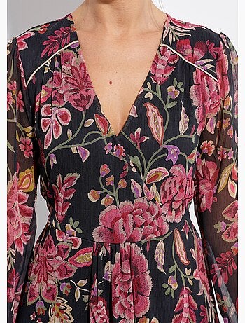 Robe longue cache-coeur volantée voile fleuri