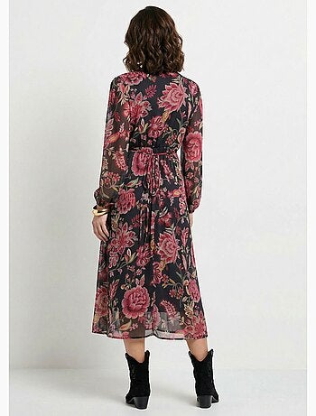 Robe longue cache-coeur volantée voile fleuri