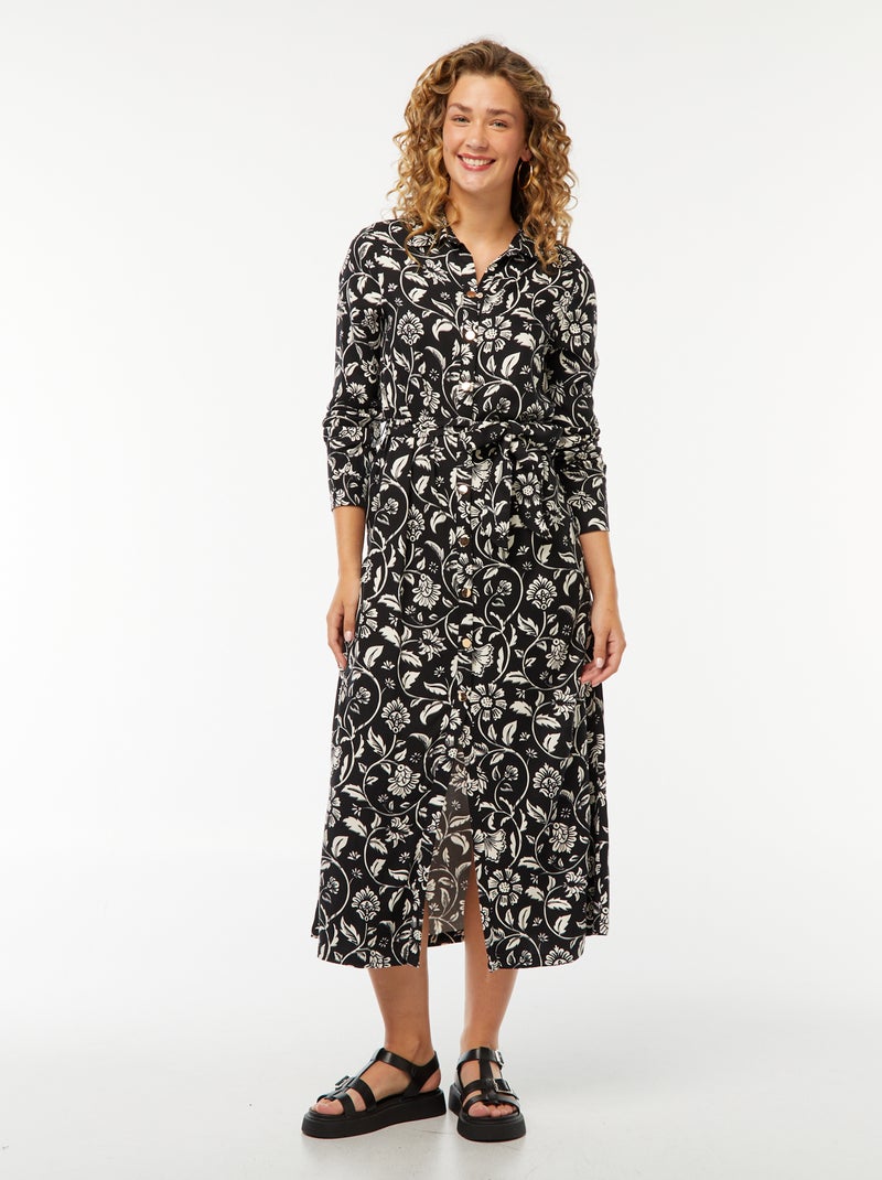 Robe longue chemise imprimée avec ceinture Noir/blanc - Kiabi