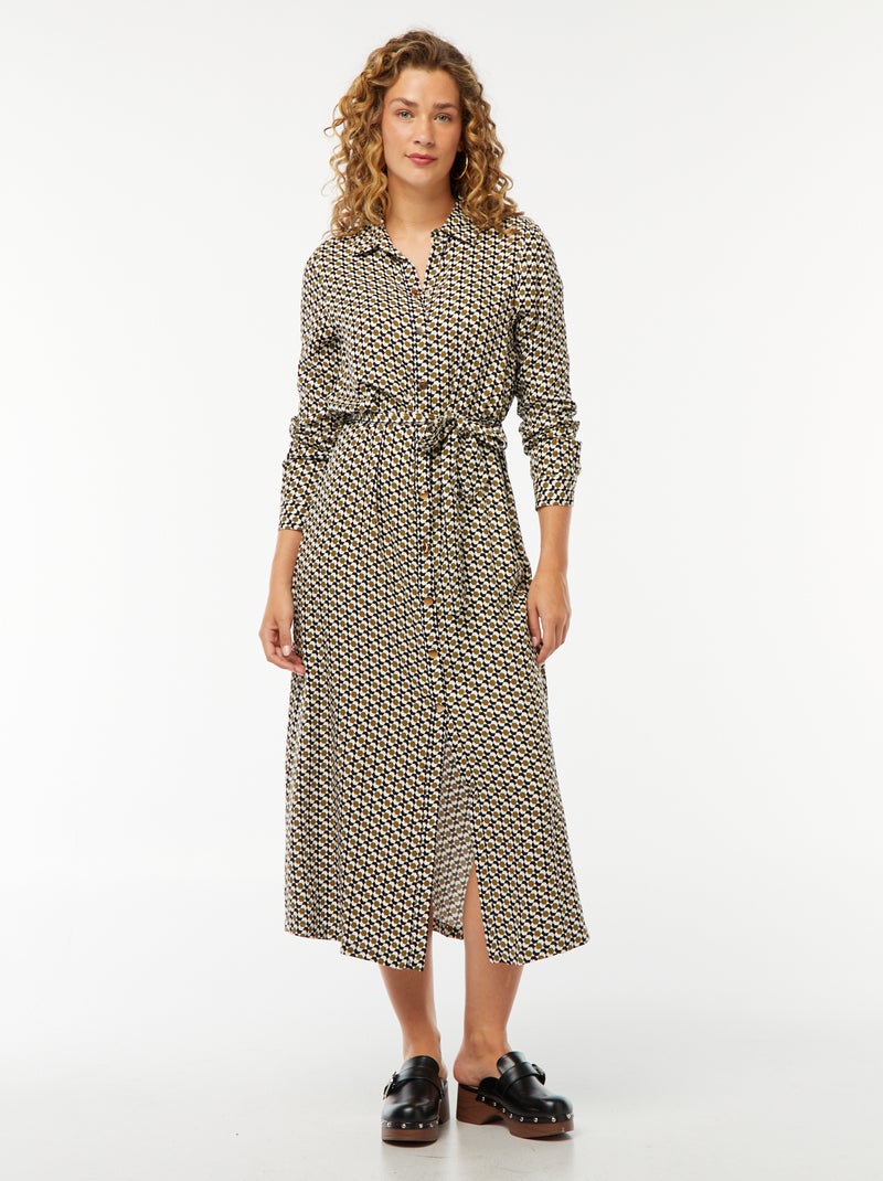 Robe longue chemise imprimée avec ceinture Noir/blanc/vert - Kiabi