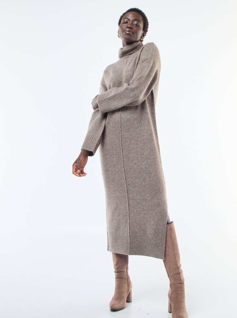 Robe longue col roulé en maille - Marron - Femme - 25.00€ - Kiabi