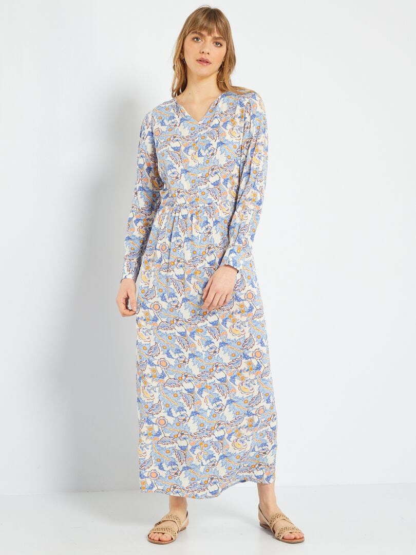 Robe longue col tunisien Beige/bleu - Kiabi
