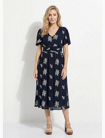 Robe longue col v brodée smockée dos - afibel