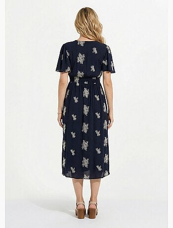 Robe longue col v brodée smockée dos - afibel