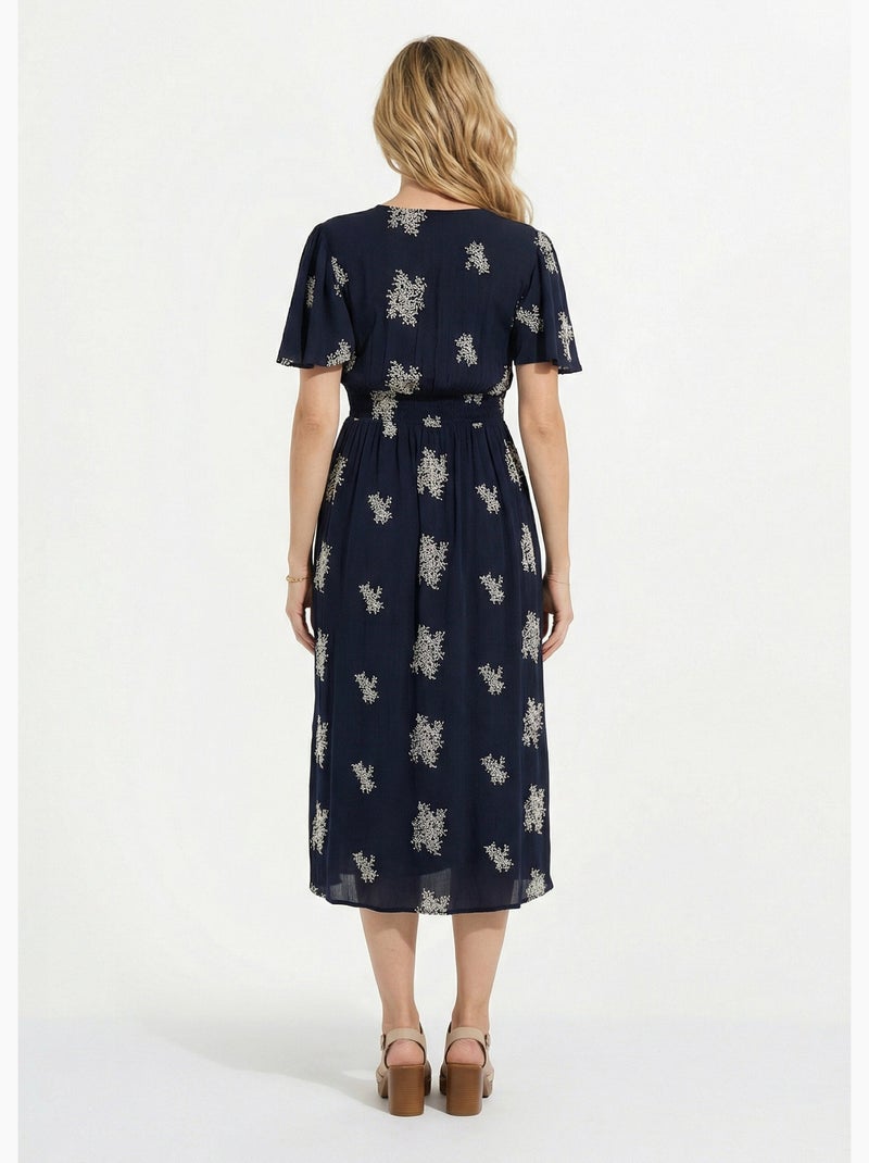 Robe longue col v brodée smockée dos - afibel Bleu marine - Kiabi