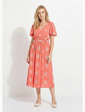 Robe longue col v brodée smockée dos - afibel