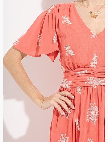 Robe longue col v brodée smockée dos - afibel