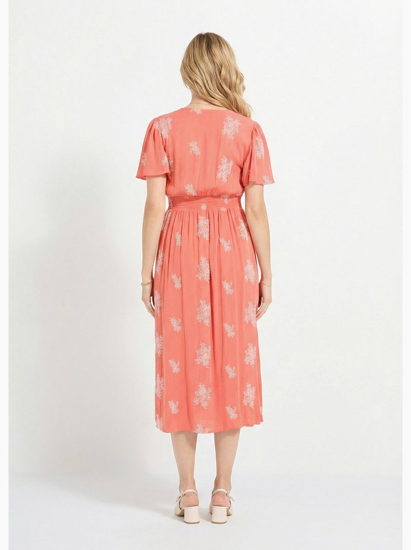 Robe longue col V brodée smockée dos - Afibel Corail - Kiabi
