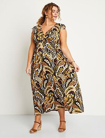 Robe longue col V imprimée sans manches