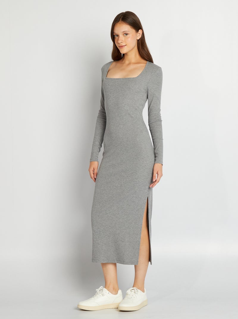 Robe longue côtelée à col carré Gris - Kiabi