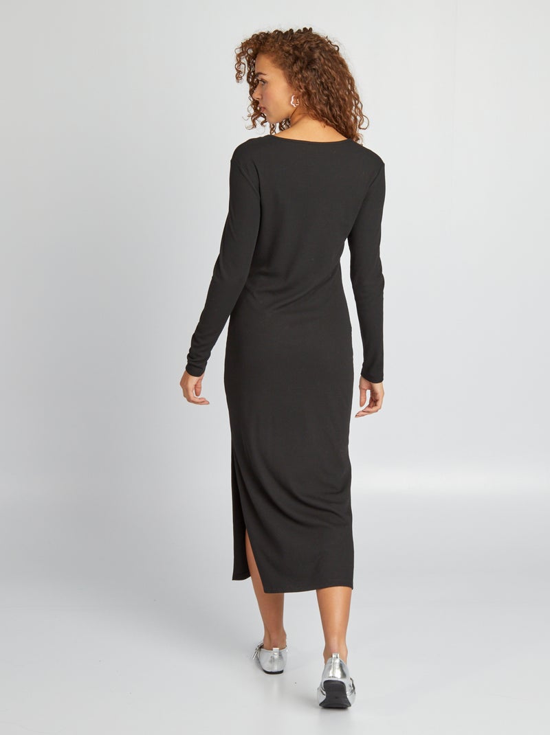 Robe longue côtelée à col carré noir - Kiabi