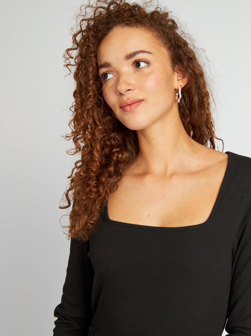 Robe longue côtelée à col carré noir - Kiabi