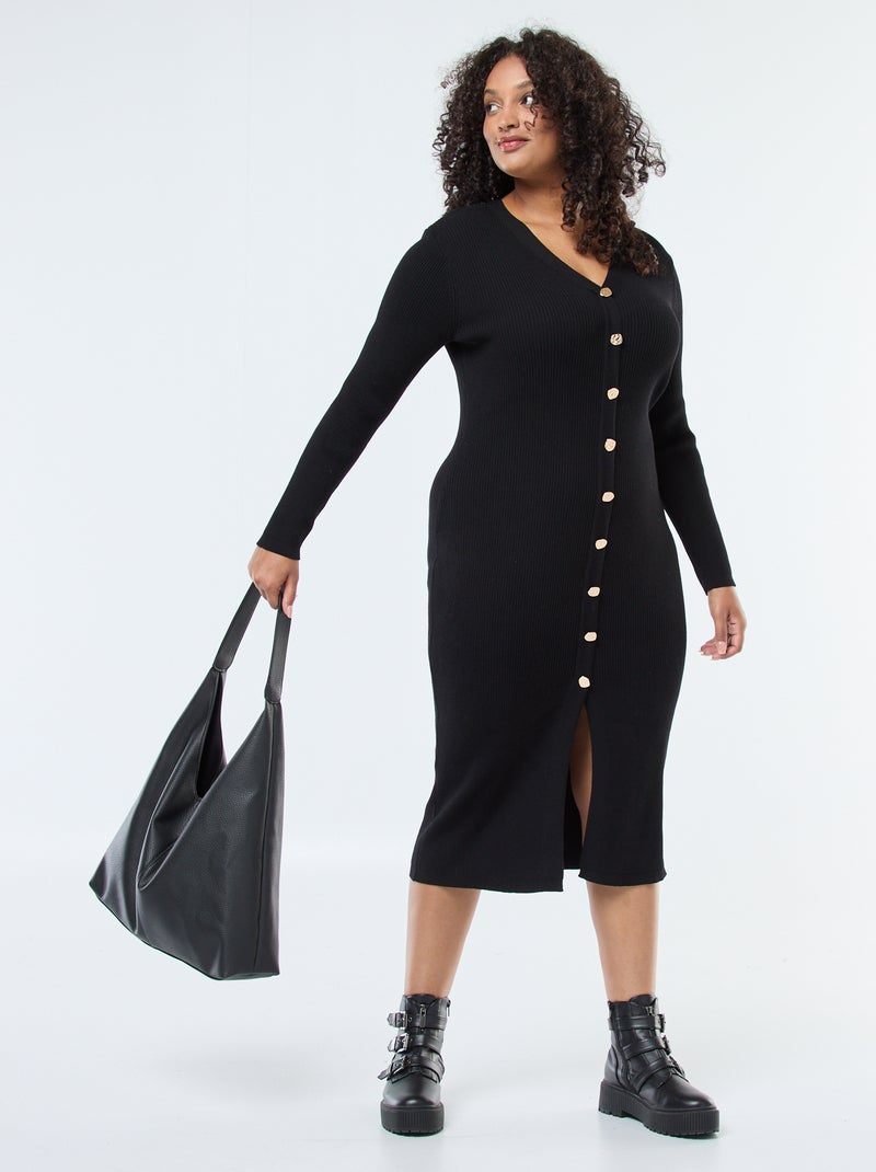 Robe longue côtelée avec boutonnage doré