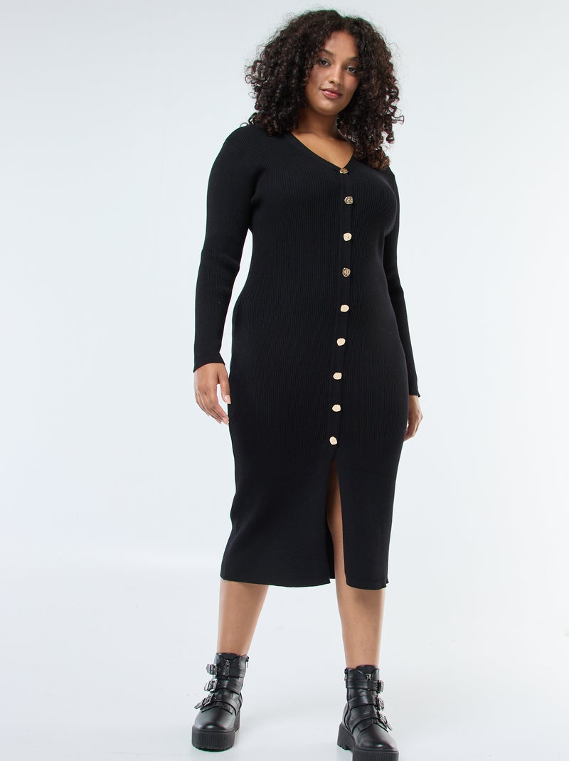 Robe longue côtelée avec boutonnage doré Noir - Kiabi