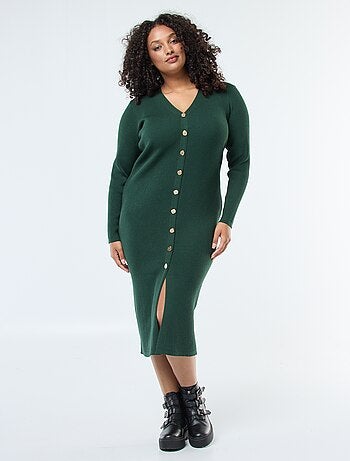 Robe longue côtelée avec boutonnage doré
