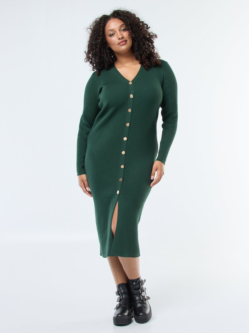 Robe longue côtelée avec boutonnage doré Vert - Kiabi