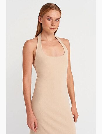 Robe longue côtelée col halter fendue dilvin
