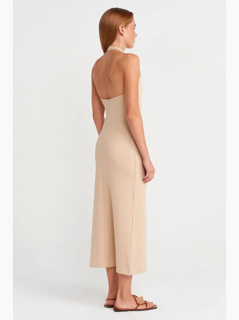 Robe longue côtelée col halter fendue dilvin Beige argile - Kiabi