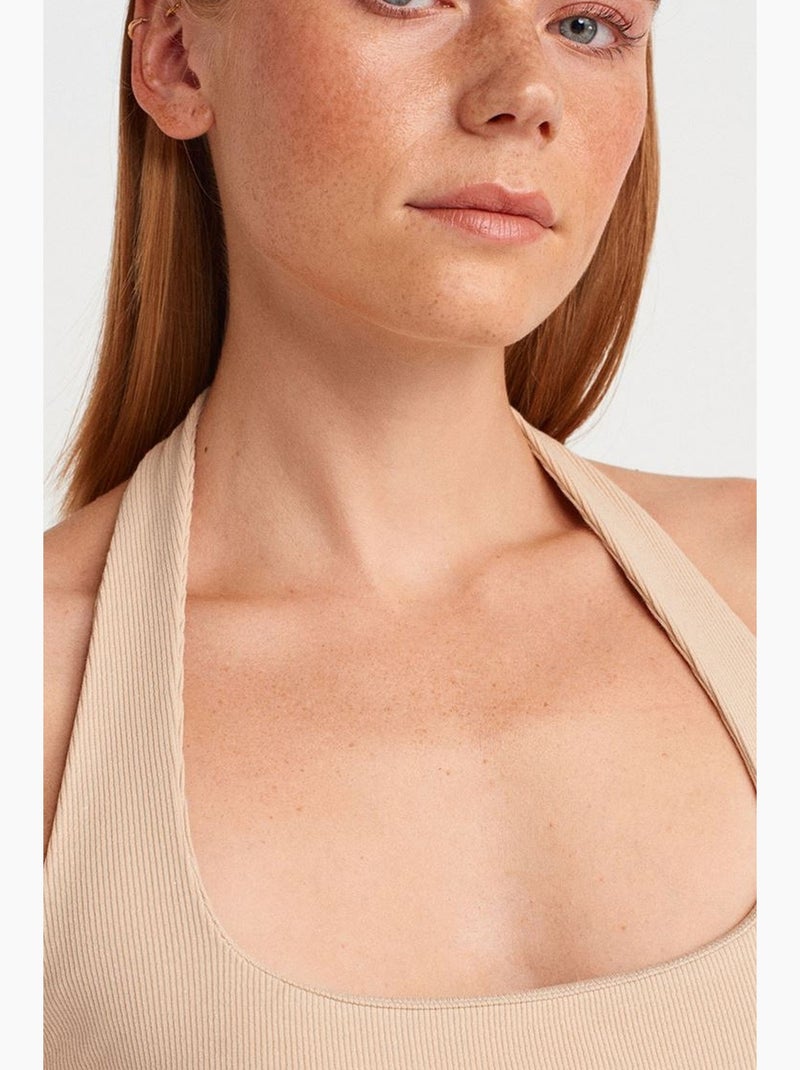 Robe longue côtelée col halter fendue dilvin Beige argile - Kiabi