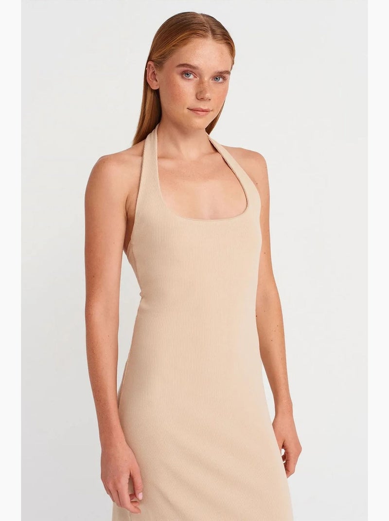 Robe longue côtelée col halter fendue dilvin Beige argile - Kiabi
