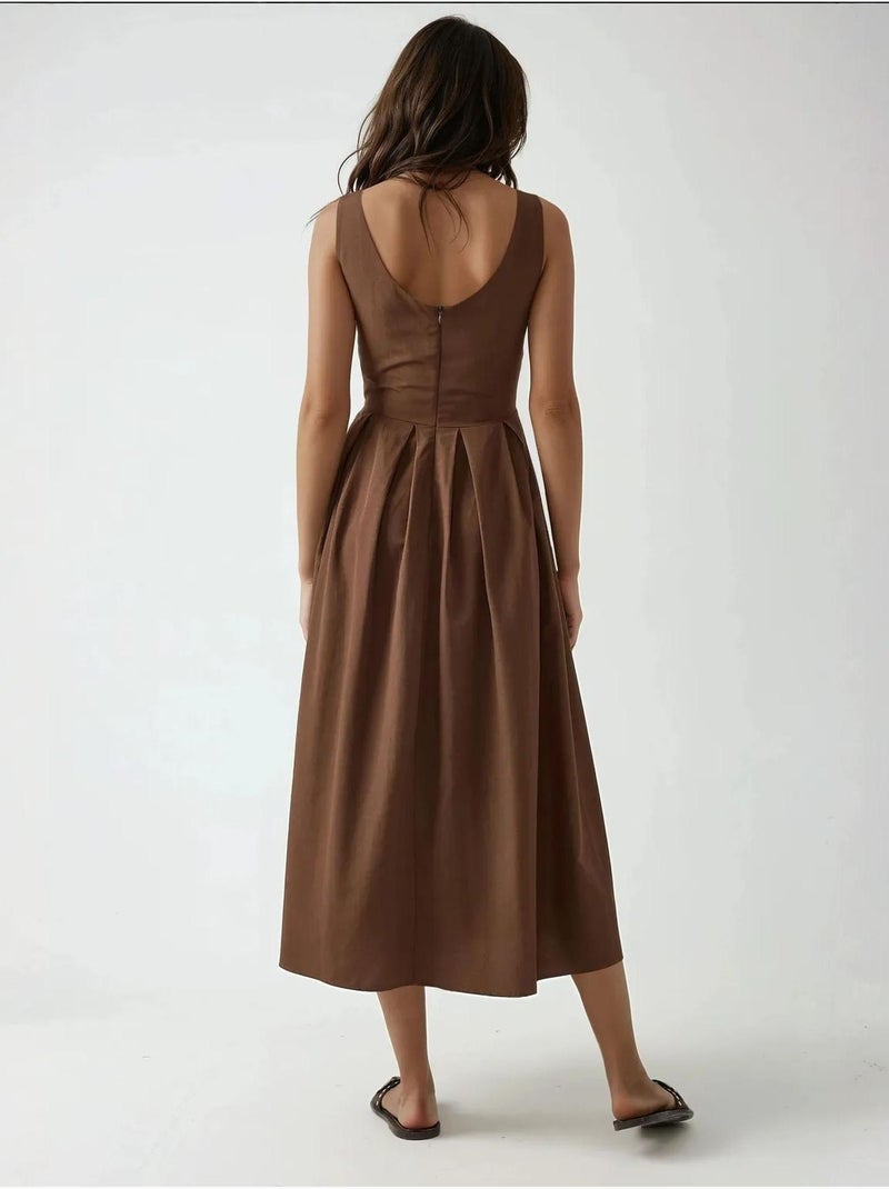 Robe longue coupe a avec col ras du cou et fermeture éclair Marron clair - Kiabi