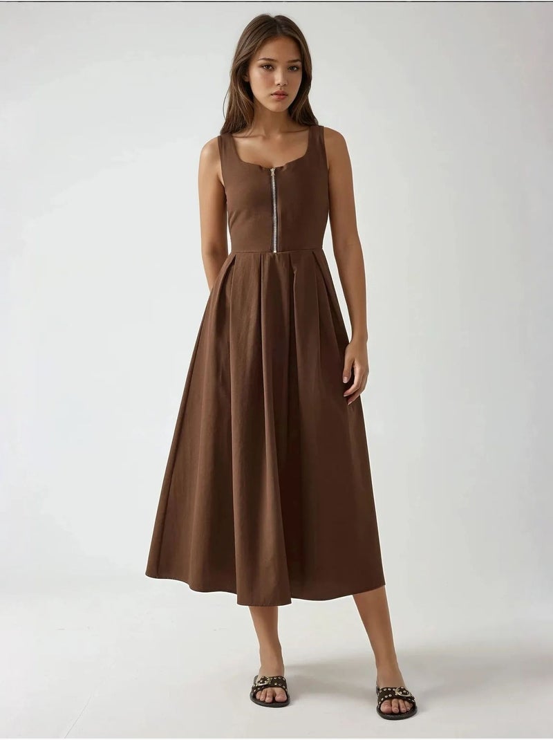 Robe longue coupe a avec col ras du cou et fermeture éclair Marron clair - Kiabi
