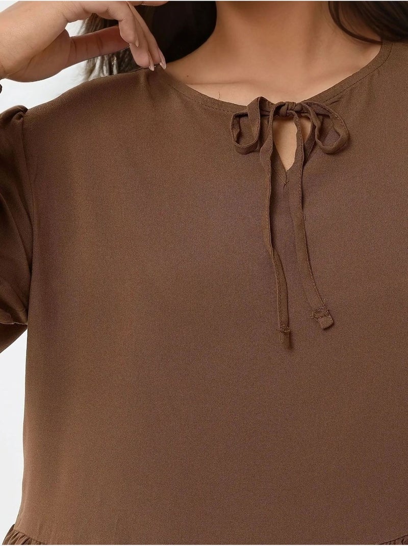 Robe longue coupe A et col ras du cou Marron - Kiabi