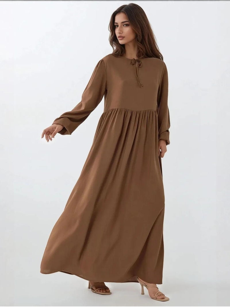 Robe longue coupe A et col ras du cou Marron - Kiabi