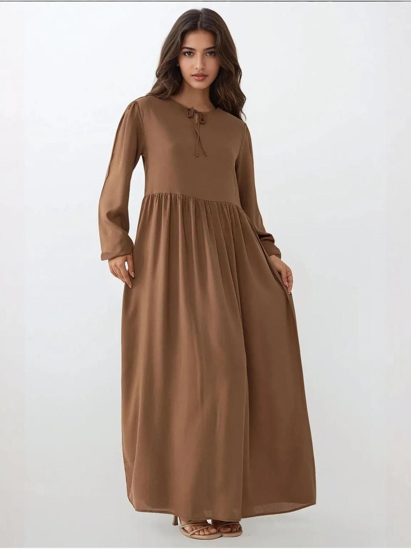 Robe longue coupe A et col ras du cou Marron - Kiabi