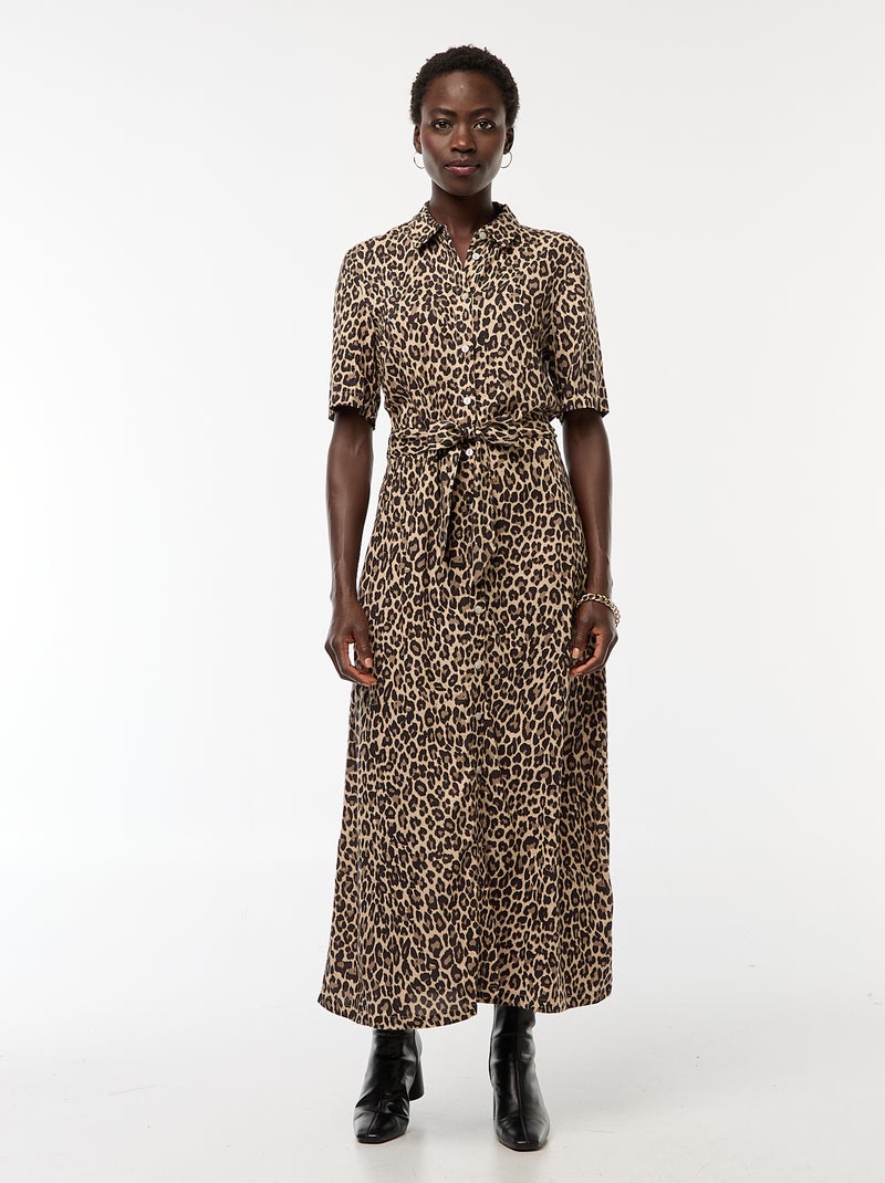 Robe longue coupe chemise avec ceinture à la taille Beige - Kiabi