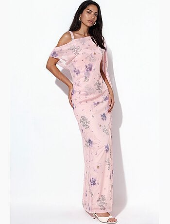 Robe longue drapée en tulle à motifs hiccup