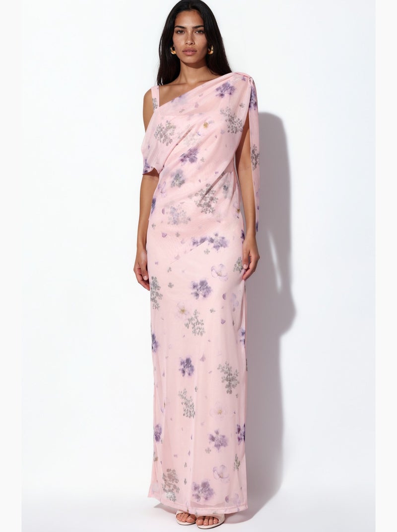 Robe longue drapée en tulle à motifs hiccup Vieux rose - Kiabi