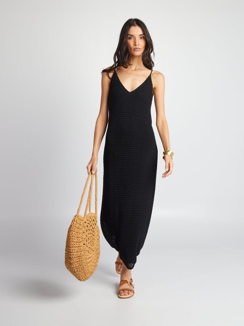 Robe longue en crochet à dos ouvert noir - Kiabi