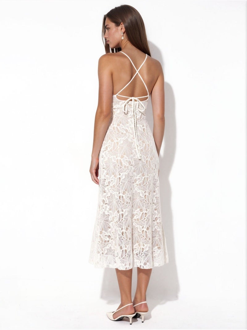 Robe longue en dentelle à col halter Ecru - Kiabi