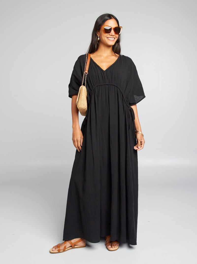 Robe longue en double gaze de coton noir - Kiabi