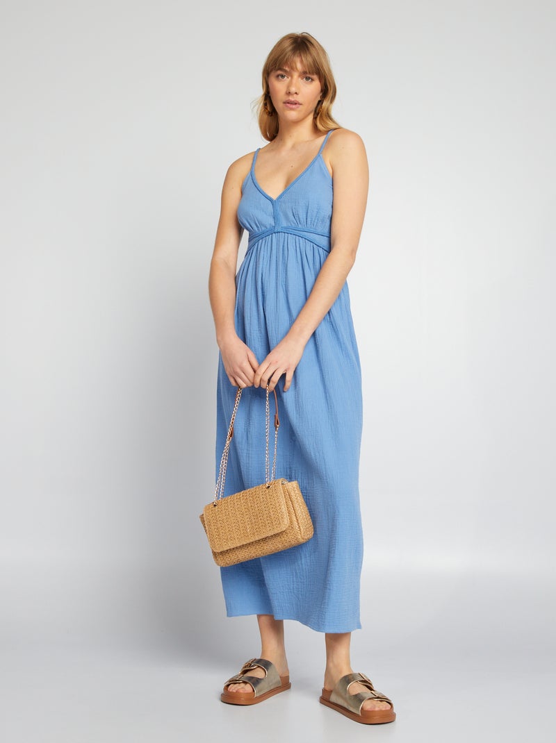 Robe longue en gaze de coton bleu - Kiabi