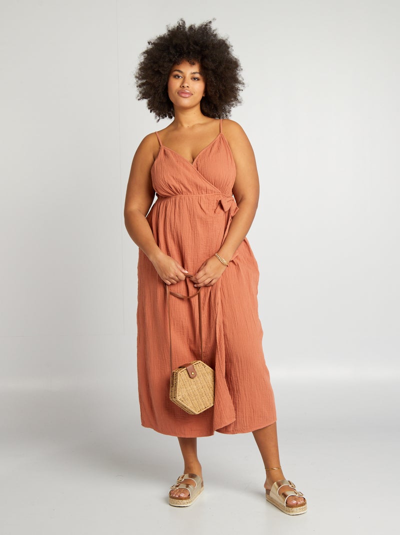 Robe longue en gaze de coton Marron - Kiabi
