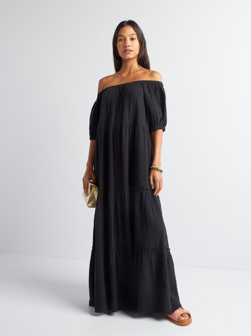 Robe longue en gaze de coton noir - Kiabi