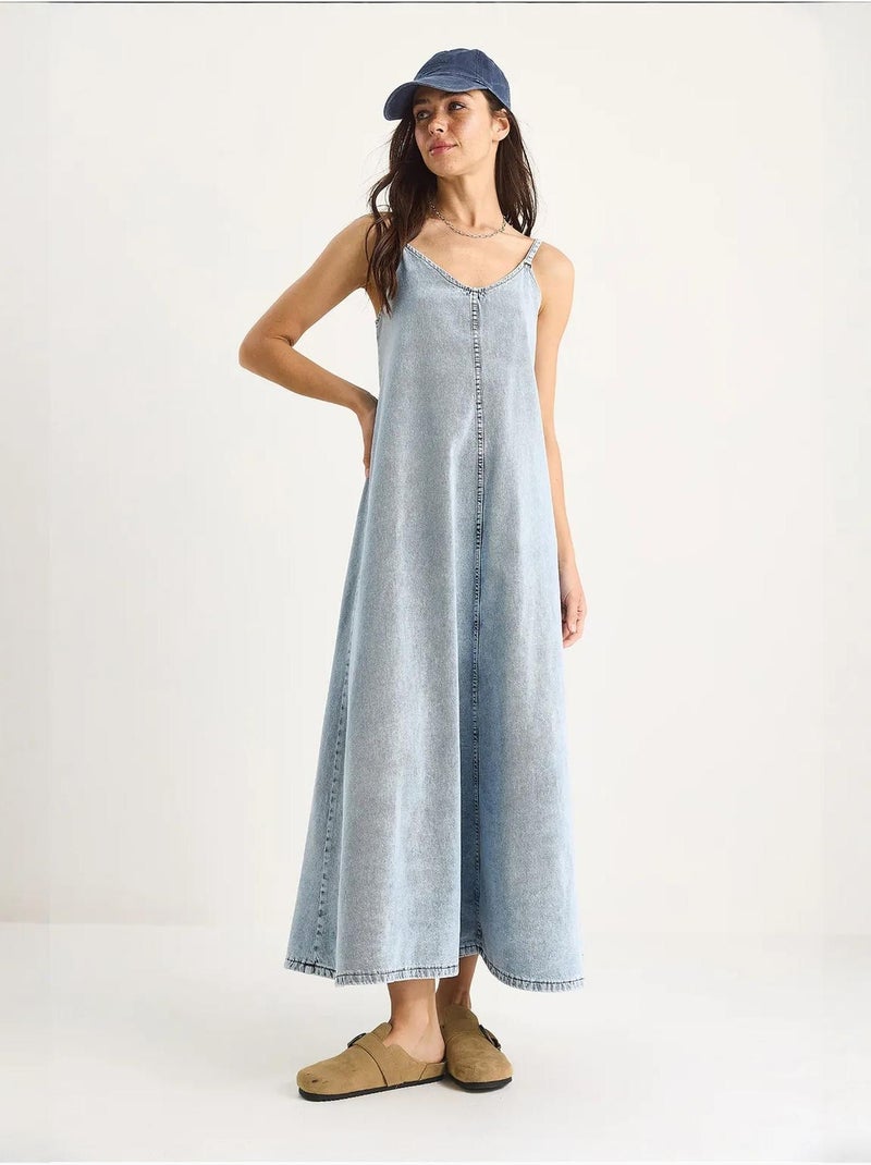 Robe longue en jean à fines bretelles bianco lucci Bleu saphir - Kiabi
