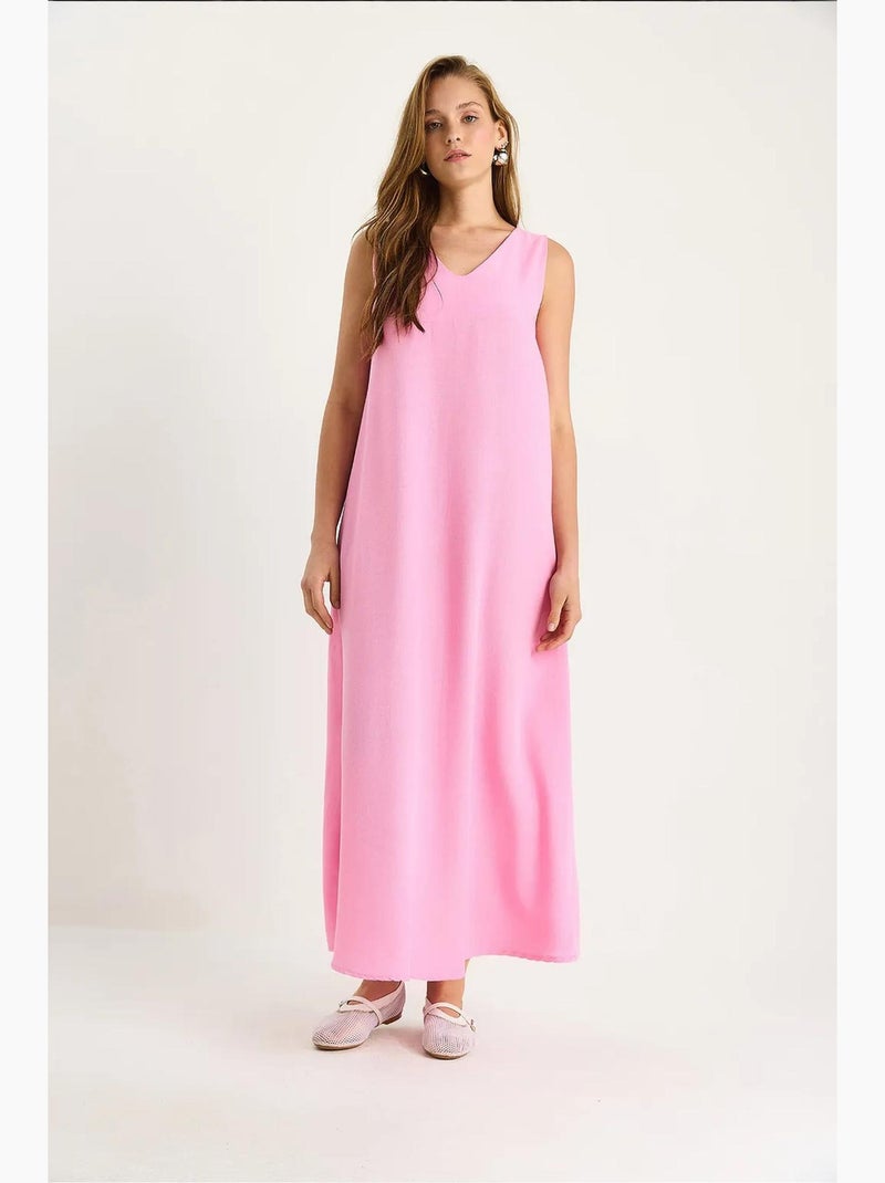 Robe longue en lin à col en v et bretelles épaisses lucci Rose clair - Kiabi