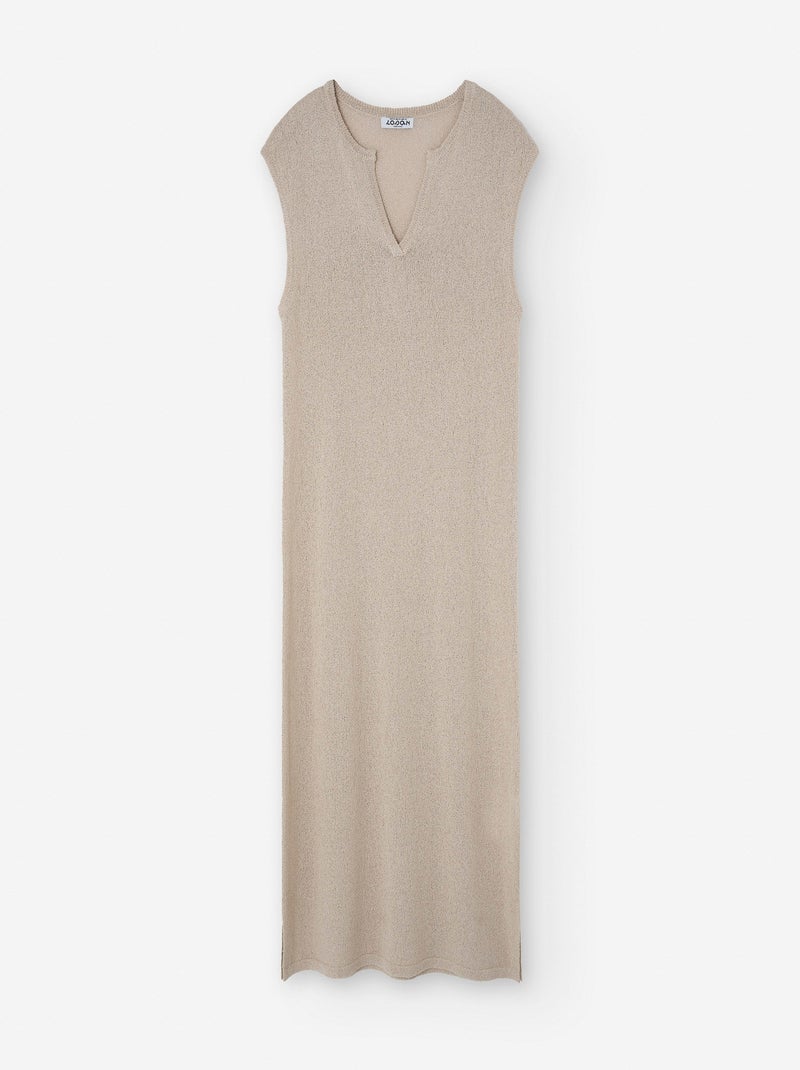 Robe Longue en Maille avec Encolure en V Beige - Kiabi